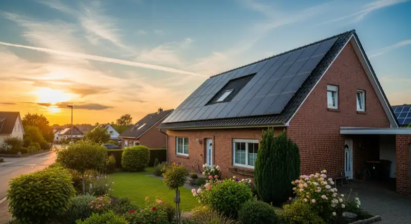 Solarmodule auf einem Satteldach in Bergisch Gladbach, Blick über die Dächer der Nachbarschaft