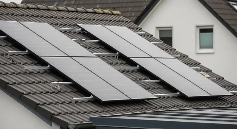 Solarteur bei der Montage von Photovoltaik-Modulen auf einem Dach in Bergisch Gladbach