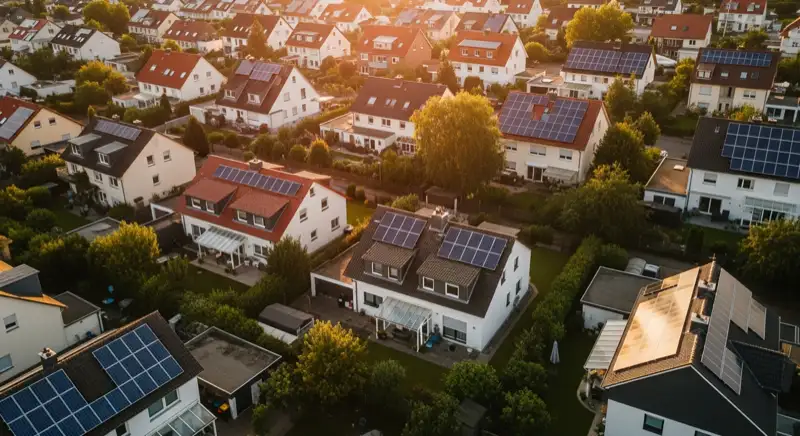Aerial drone view of typical German residential neighborhood with mixed roof types, red and dark roof tiles, gardens visible, sunny day