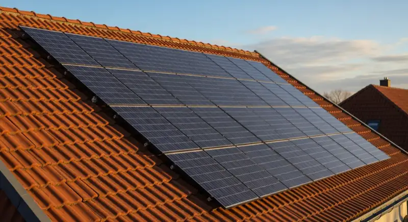 Close-up of photovoltaic solar panels installed on a traditional German Satteldach (gabled roof), blue sky with some clouds