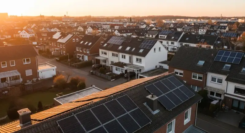 Aerial drone view of typical German residential neighborhood with mixed roof types, red and dark roof tiles, gardens visible, sunny day