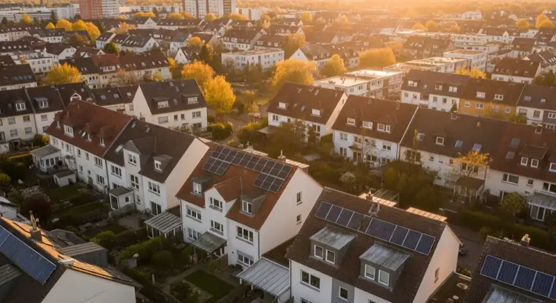 Aerial drone view of typical German residential neighborhood with mixed roof types, red and dark roof tiles, gardens visible, sunny day