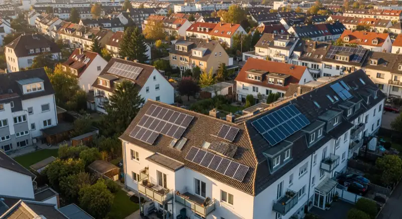 Aerial drone view of typical German residential neighborhood with mixed roof types, red and dark roof tiles, gardens visible, sunny day