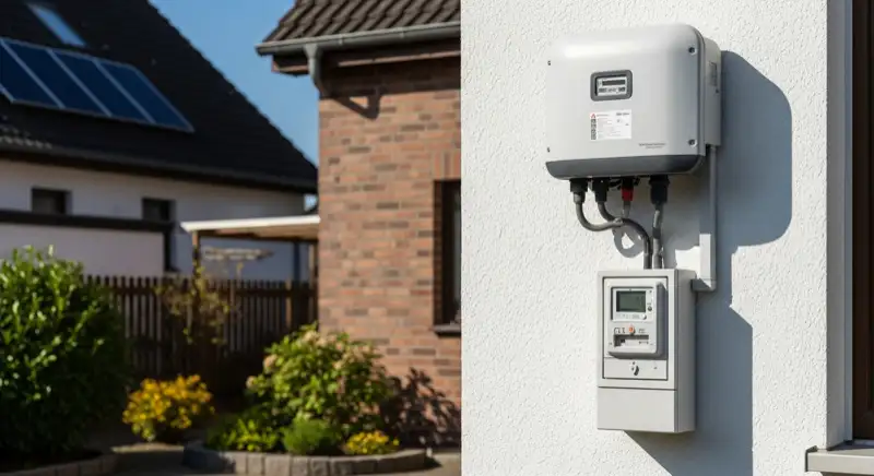 Modern German electrical meter cabinet (Zählerschrank) with smart meter and solar inverter connection, clean technical installation