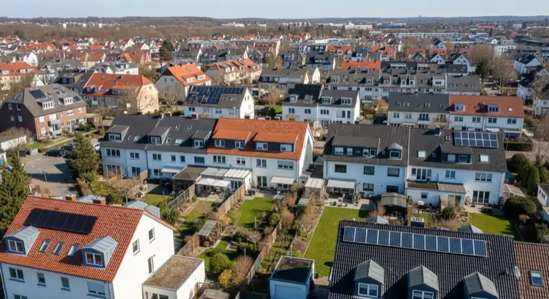 Aerial drone view of typical German residential neighborhood with mixed roof types, red and dark roof tiles, gardens visible, sunny day