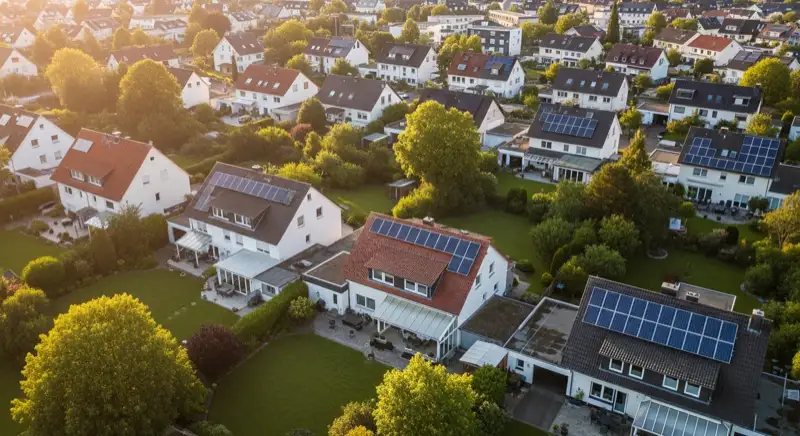 Aerial drone view of typical German residential neighborhood with mixed roof types, red and dark roof tiles, gardens visible, sunny day