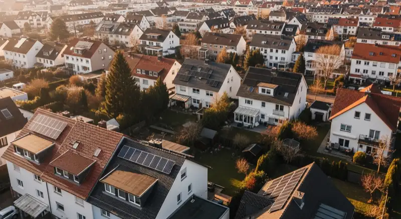 Aerial drone view of typical German residential neighborhood with mixed roof types, red and dark roof tiles, gardens visible, sunny day