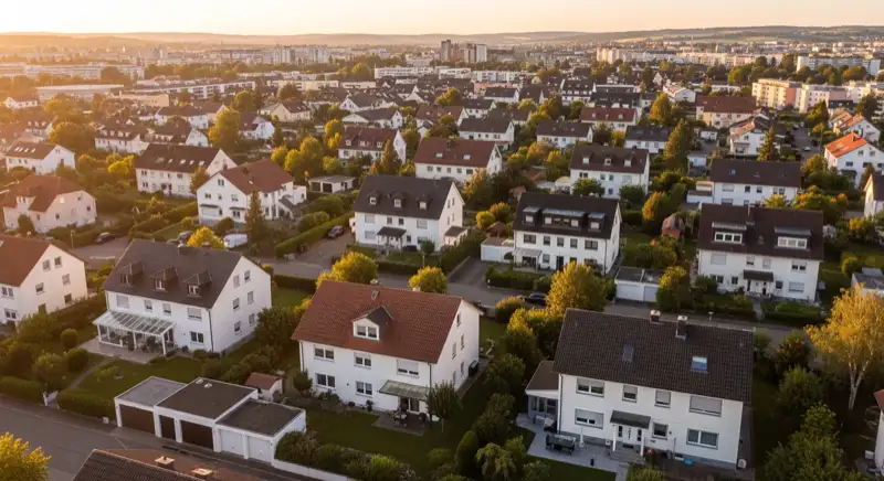 Aerial drone view of typical German residential neighborhood with mixed roof types, red and dark roof tiles, gardens visible, sunny day