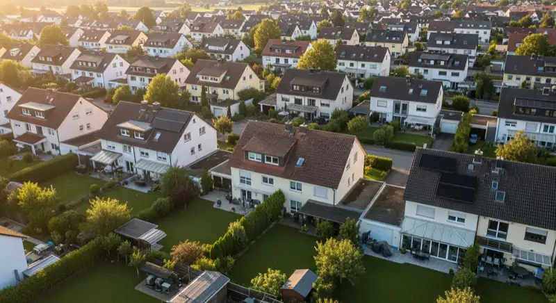 Aerial drone view of typical German residential neighborhood with mixed roof types, red and dark roof tiles, gardens visible, sunny day