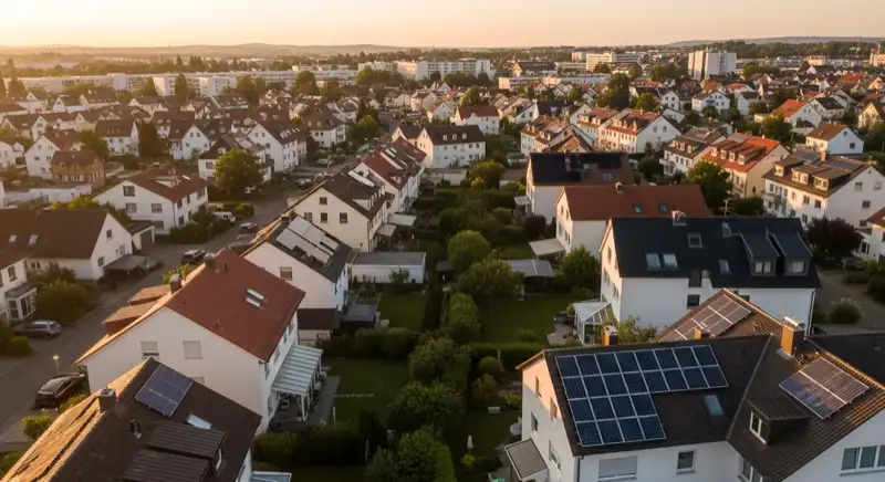 Aerial drone view of typical German residential neighborhood with mixed roof types, red and dark roof tiles, gardens visible, sunny day