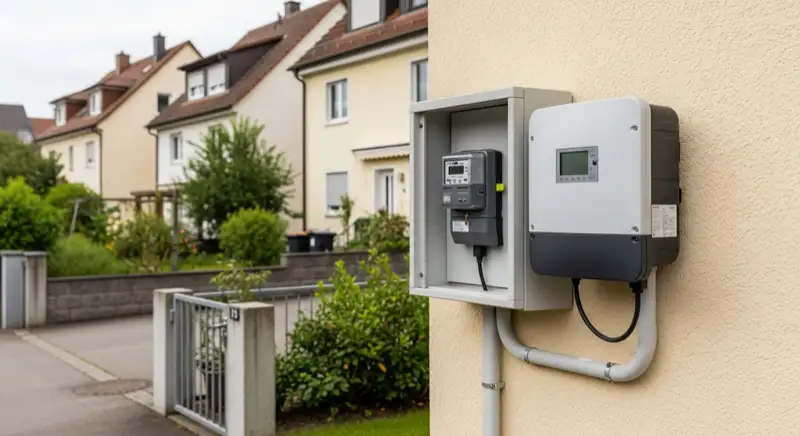 Modern German electrical meter cabinet (Zählerschrank) with smart meter and solar inverter connection, clean technical installation