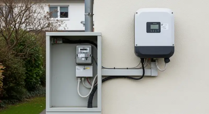 Modern German electrical meter cabinet (Zählerschrank) with smart meter and solar inverter connection, clean technical installation