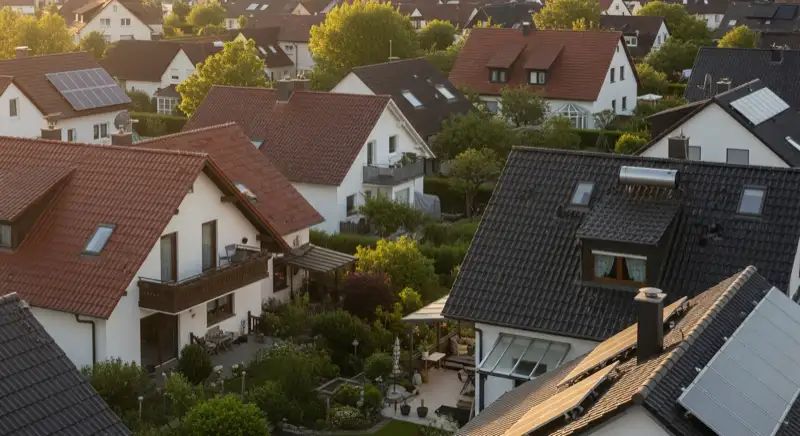 Aerial drone view of typical German residential neighborhood with mixed roof types, red and dark roof tiles, gardens visible, sunny day