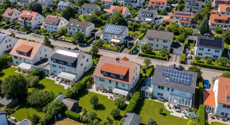 Aerial drone view of typical German residential neighborhood with mixed roof types, red and dark roof tiles, gardens visible, sunny day
