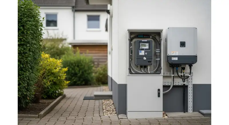 Modern German electrical meter cabinet (Zählerschrank) with smart meter and solar inverter connection, clean technical installation