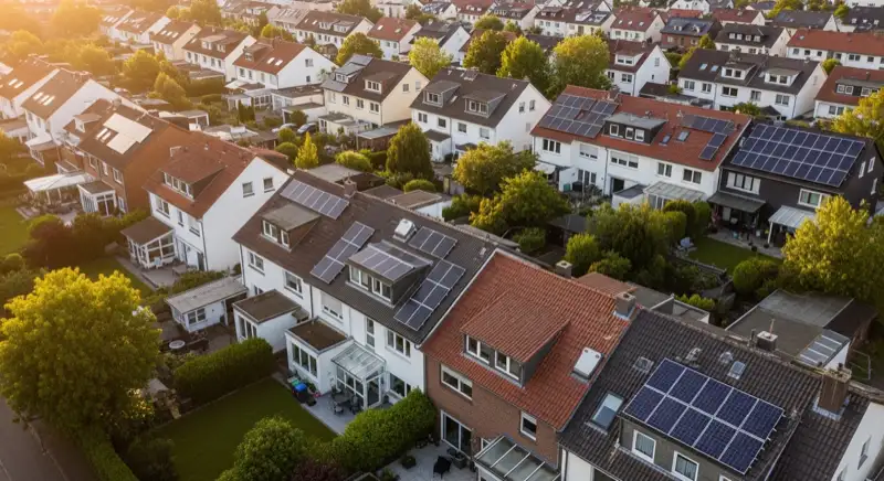 Aerial drone view of typical German residential neighborhood with mixed roof types, red and dark roof tiles, gardens visible, sunny day