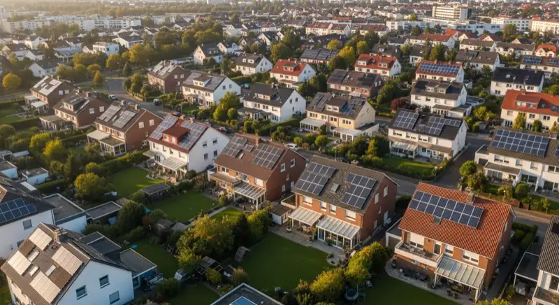 Aerial drone view of typical German residential neighborhood with mixed roof types, red and dark roof tiles, gardens visible, sunny day