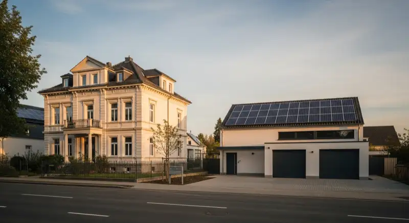 Gründerzeithaus in Bochum mit Solaranlage auf dem Garagendach neben dem denkmalgeschützten Hauptgebäude
