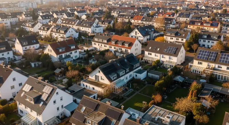 Aerial drone view of typical German residential neighborhood with mixed roof types, red and dark roof tiles, gardens visible, sunny day