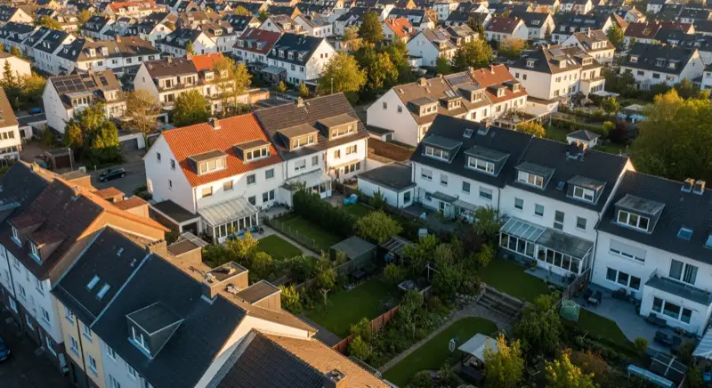 Aerial drone view of typical German residential neighborhood with mixed roof types, red and dark roof tiles, gardens visible, sunny day