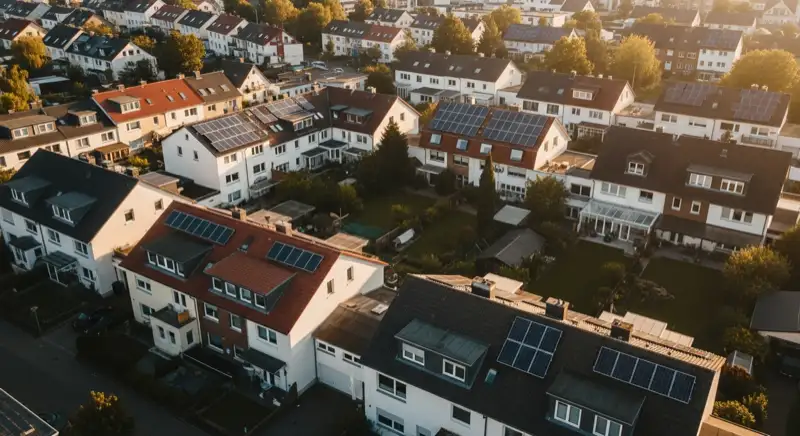Aerial drone view of typical German residential neighborhood with mixed roof types, red and dark roof tiles, gardens visible, sunny day