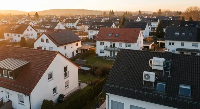 Aerial drone view of typical German residential neighborhood with mixed roof types, red and dark roof tiles, gardens visible, sunny day