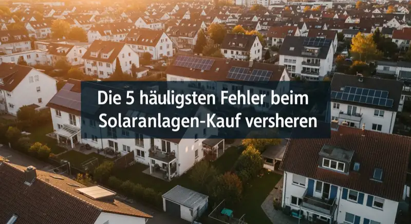 Aerial drone view of typical German residential neighborhood with mixed roof types, red and dark roof tiles, gardens visible, sunny day
