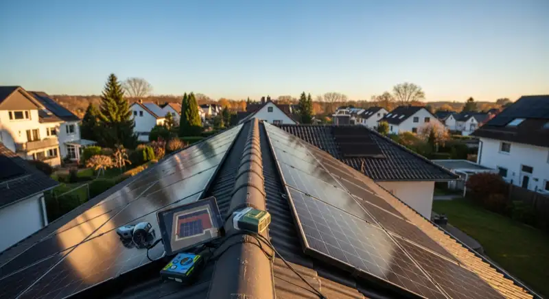 Solarteur vermisst Dach eines Einfamilienhauses in Böblingen mit Messgerät und Tablet