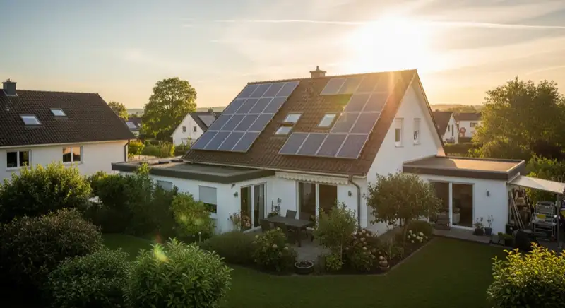 German detached house (Einfamilienhaus) with photovoltaic panels on pitched roof, well-maintained garden, warm afternoon sunlight