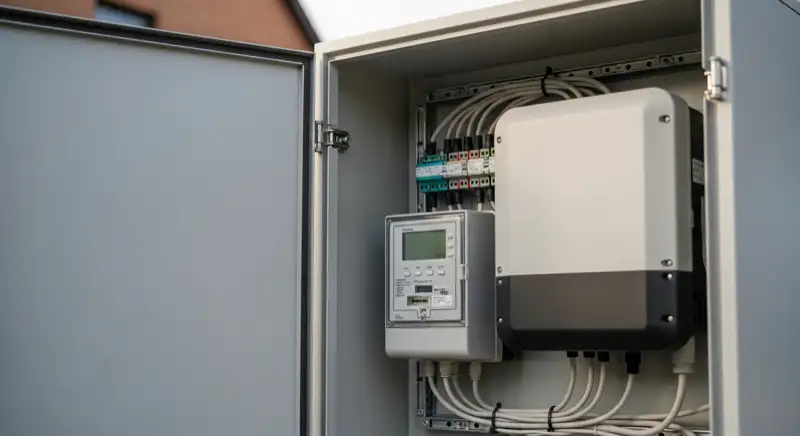 Modern German electrical meter cabinet (Zählerschrank) with smart meter and solar inverter connection, clean technical installation