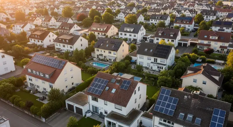 Aerial drone view of typical German residential neighborhood with mixed roof types, red and dark roof tiles, gardens visible, sunny day