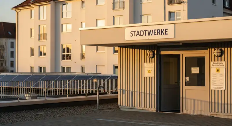 Blick auf das Stadtwerke-Gebäude in Bonn mit Service-Eingang, lokale Versorgeratmosphäre
