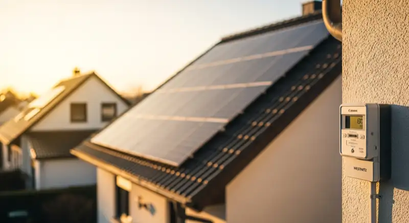Moderner Zweirichtungszähler von Westnetz an einem Bonner Einfamilienhaus mit Solaranlage auf dem Dach