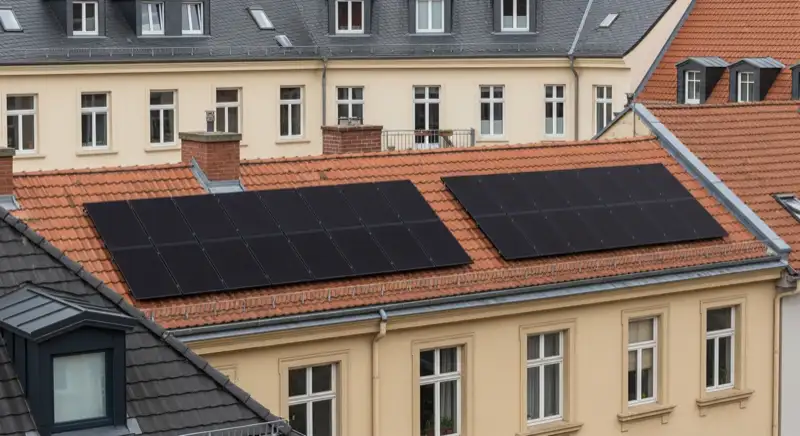 Historisches Bonner Gebäude mit dezent integrierter schwarzer Solaranlage auf dem Rückdach