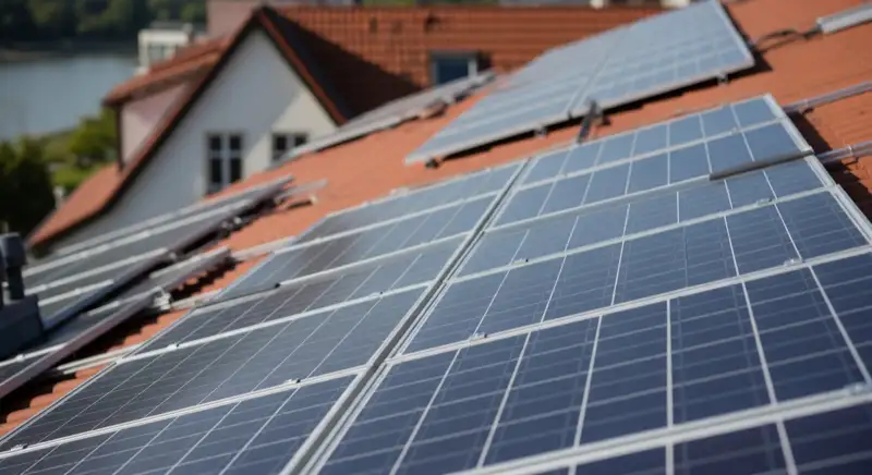 Solar-Installateur montiert Photovoltaikmodule auf Bonner Hausdach mit Rheinblick