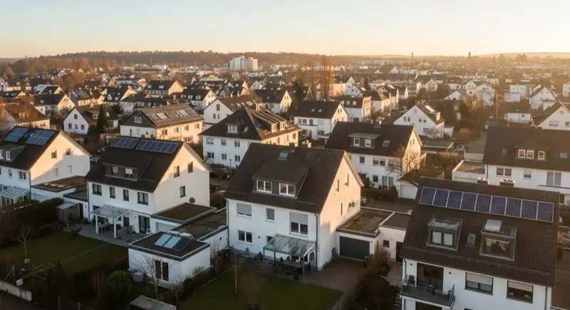 Wohngebiete in Bonn mit verschiedenen Bauformen, typische Einfamilienhäuser und Dachstrukturen aus der Luft
