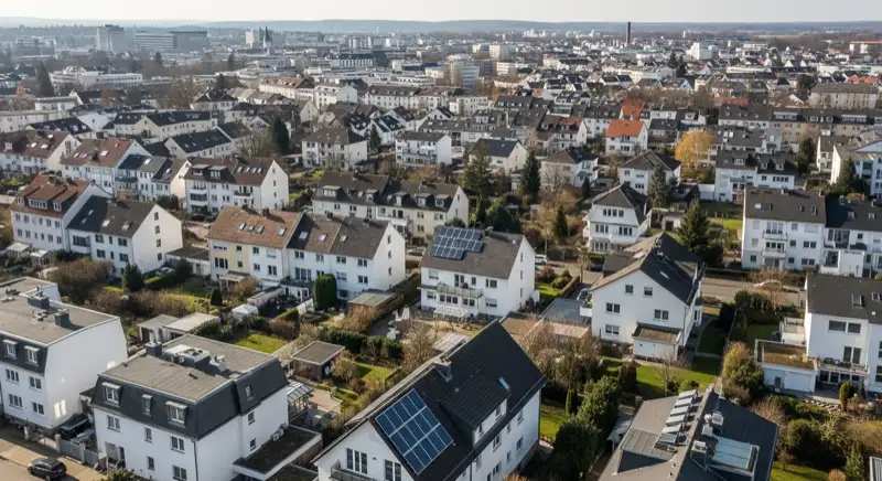 Wohngebiete in Bonn mit verschiedenen Bauformen, typische Einfamilienhäuser und Dachstrukturen aus der Luft