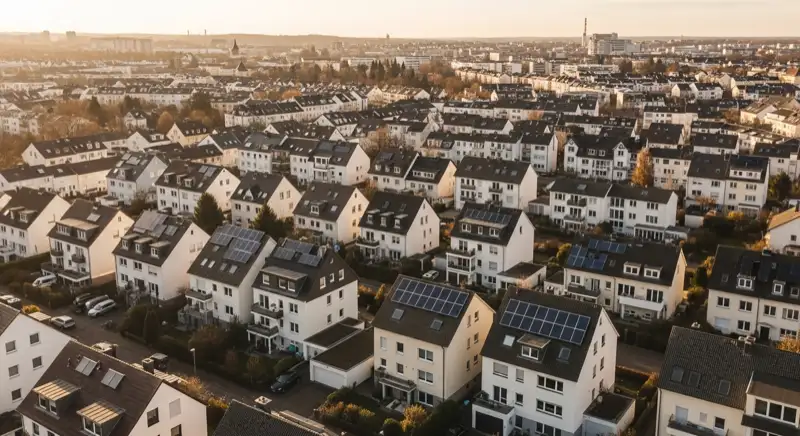 Wohngebiete in Bonn mit verschiedenen Bauformen, typische Einfamilienhäuser und Dachstrukturen aus der Luft