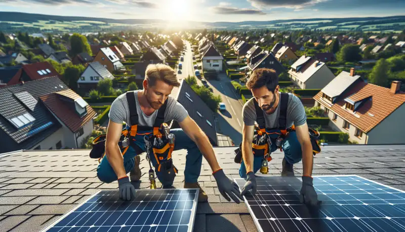 Solartechniker bei der Montage von Photovoltaikmodulen auf einem Hausdach in Bottrop