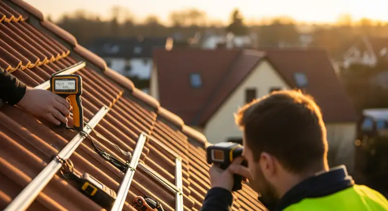 Solarteur prüft Dachneigung und Statik mit professionellen Messgeräten bei Vor-Ort-Termin