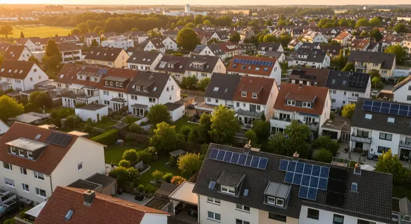 Aerial drone view of typical German residential neighborhood with mixed roof types, red and dark roof tiles, gardens visible, sunny day
