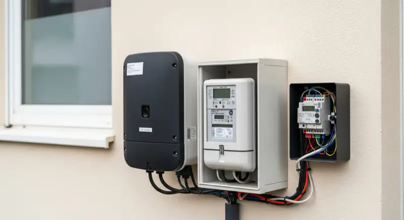 Modern German electrical meter cabinet (Zählerschrank) with smart meter and solar inverter connection, clean technical installation