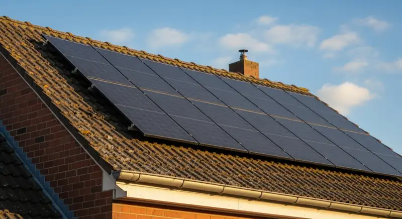 Close-up of photovoltaic solar panels installed on a traditional German Satteldach (gabled roof), blue sky with some clouds