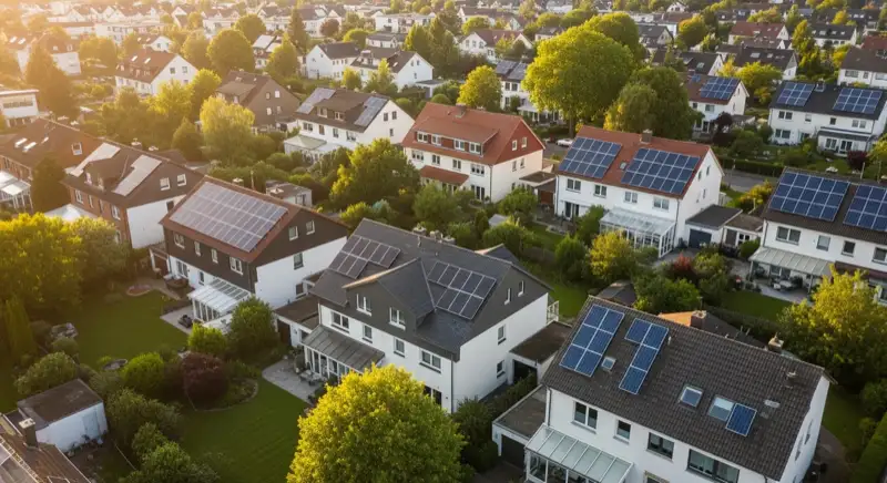 Aerial drone view of typical German residential neighborhood with mixed roof types, red and dark roof tiles, gardens visible, sunny day