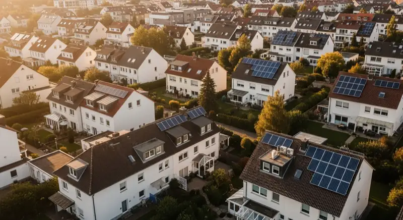Aerial drone view of typical German residential neighborhood with mixed roof types, red and dark roof tiles, gardens visible, sunny day