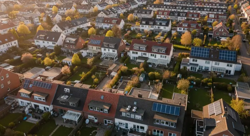 Aerial drone view of typical German residential neighborhood with mixed roof types, red and dark roof tiles, gardens visible, sunny day