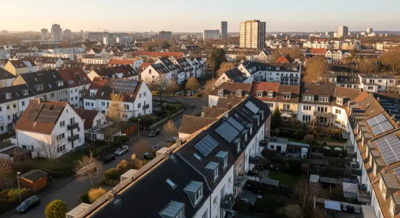Aerial drone view of typical German residential neighborhood with mixed roof types, red and dark roof tiles, gardens visible, sunny day