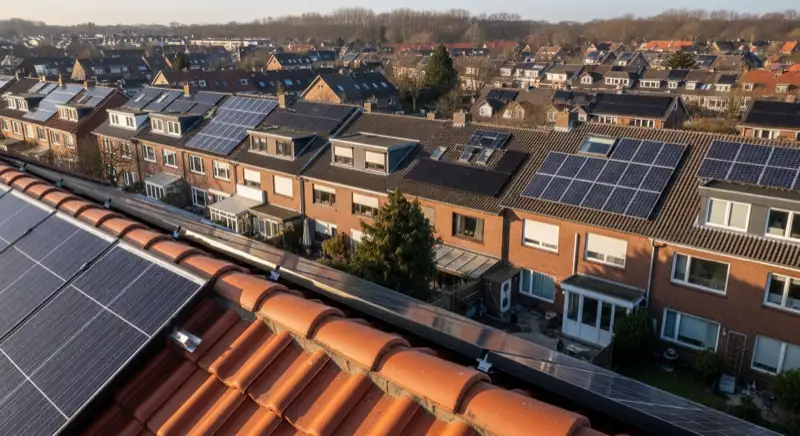 Aerial drone view of typical German residential neighborhood with mixed roof types, red and dark roof tiles, gardens visible, sunny day