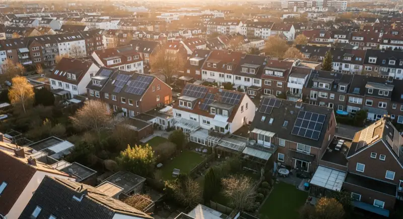 Aerial drone view of typical German residential neighborhood with mixed roof types, red and dark roof tiles, gardens visible, sunny day