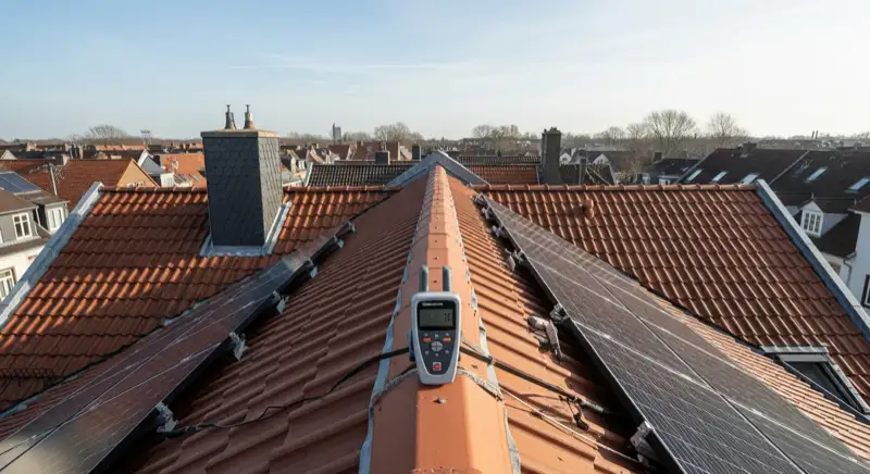 Solarinstallateur auf Bremer Dach mit digitalem Messgerät prüft Dachneigung und Verschattung